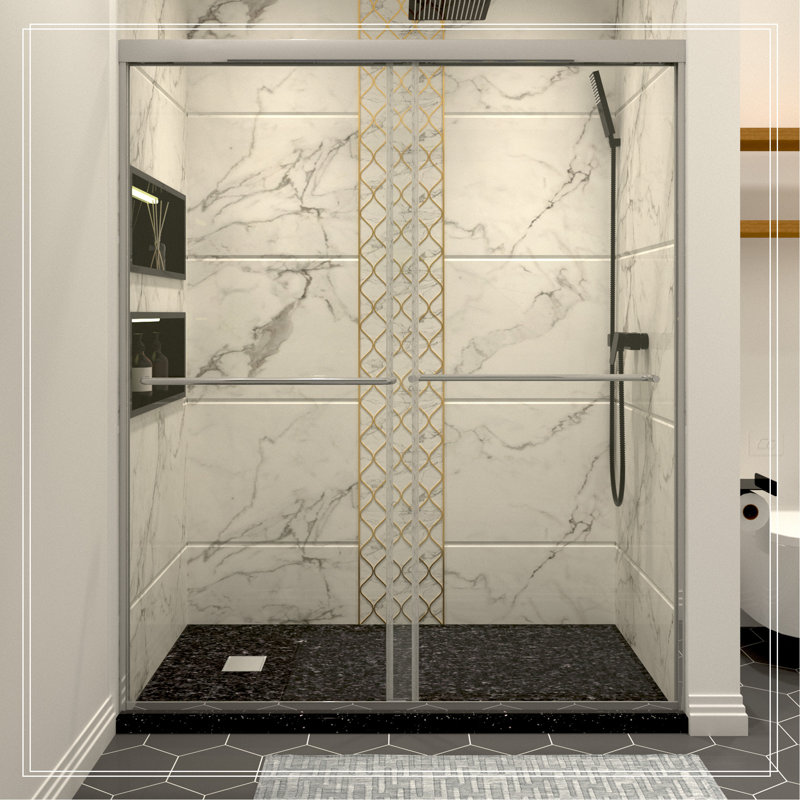 Porte de douche coulissante chromée l 44 à 48 po x H 70 po, porte de douche en verre semi-sans cadre