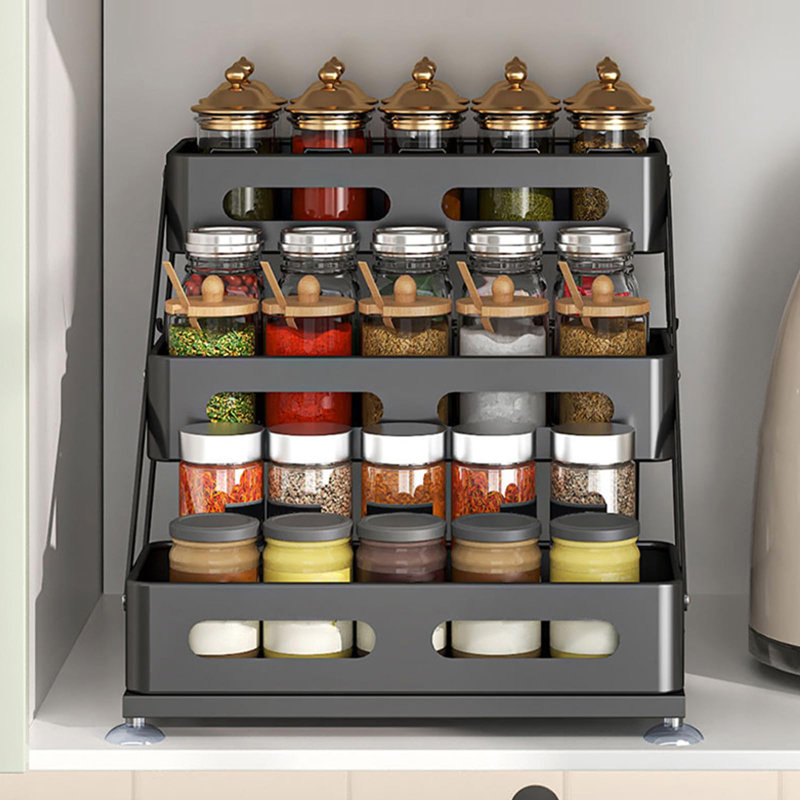 3 Tier Foldable Spice Rack For Countertop Iron Kitchen Seasoning Organizer For Cabinet, Black