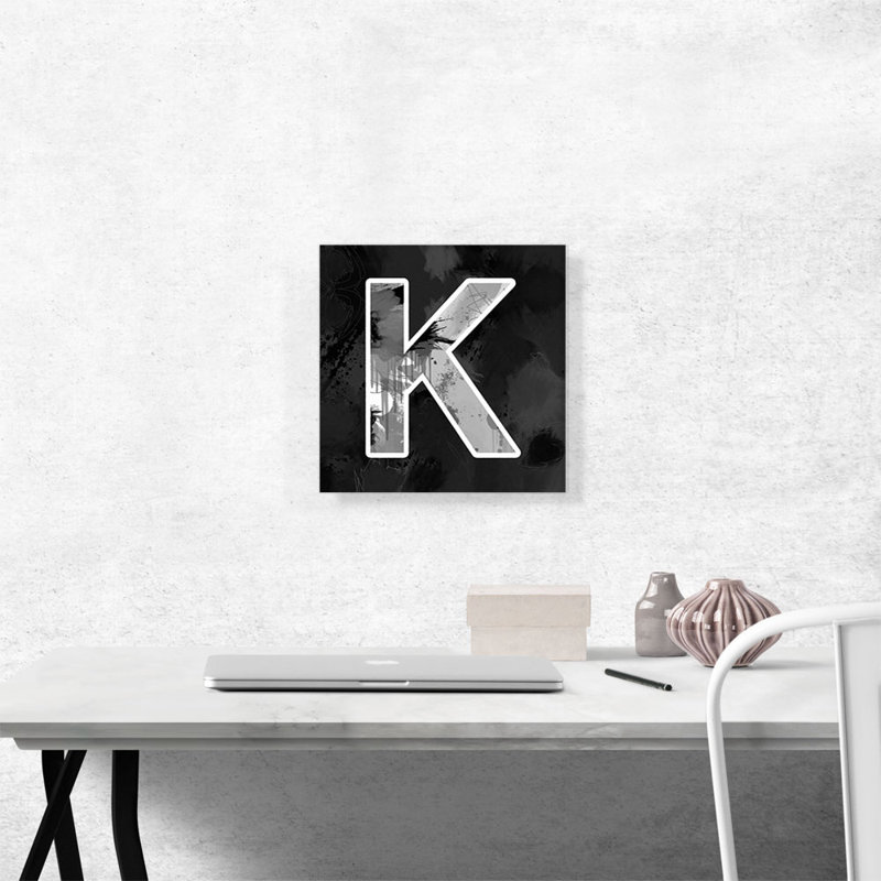 Art moderne noir et blanc, lettre K - impression sur toile tendue, H 12 po x l 12 po x P 1,5 po