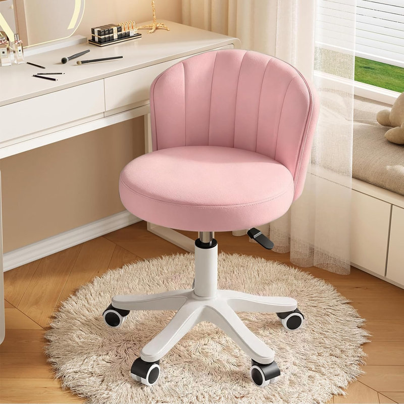 HDHNBA Backrest Height Adjustable Swivel Rolling Vanity Stool With High Resilience Sponge Cushion, Pink