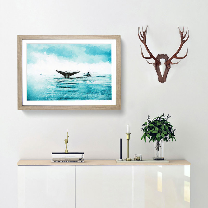 Two Humpback Whales in Abstract - Picture Frame Graphic Art Print, 62cm H x 87cm W x 2cm D, Oak Framed