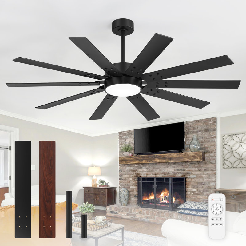 Markku 60'' 10-Blade Ceiling Fan with Light and Remote,DC Motor, 6''/12'' Downrods,3 LED Colors, Matte Black, Black