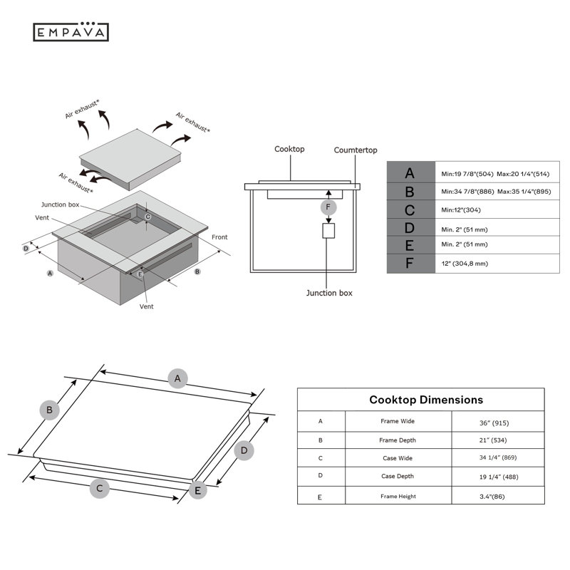 36 po Plaque de cuisson à induction à surface lisse 11400w - 5 brûleurs Power Boost - 2 éléments de pont noirs