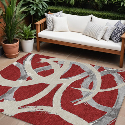 Tapis extérieur lavable abstrait 8 pi x 10 pi rouge et beige