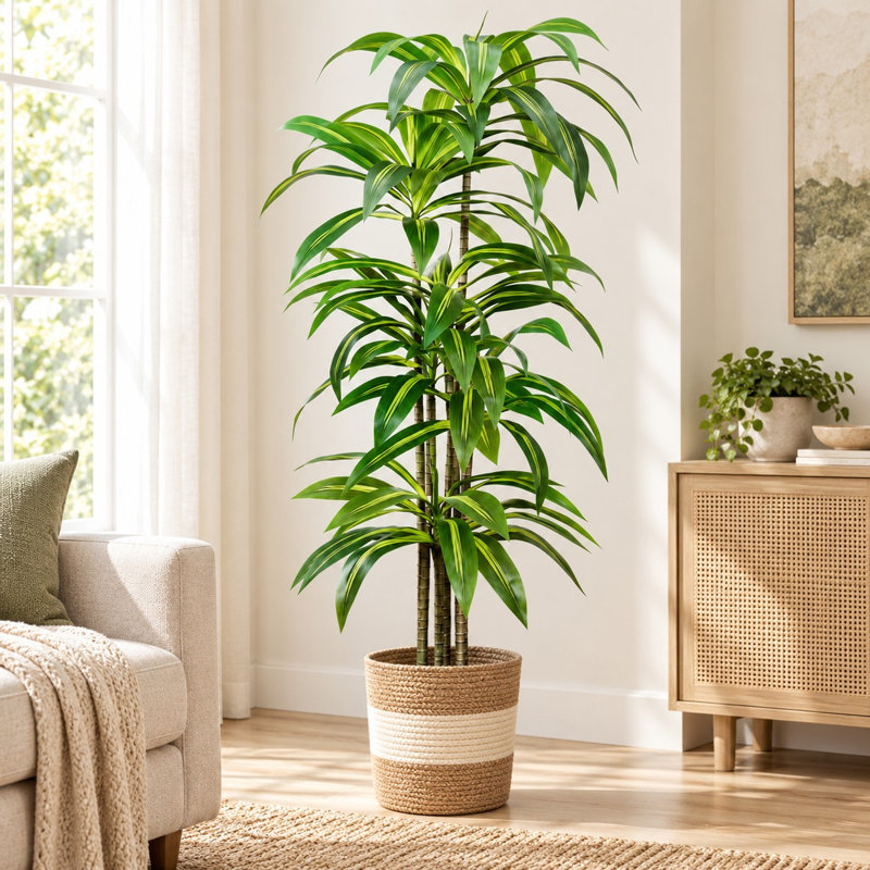 Arbre dracaena artificiel en pot avec des feuilles tropicales réalistes