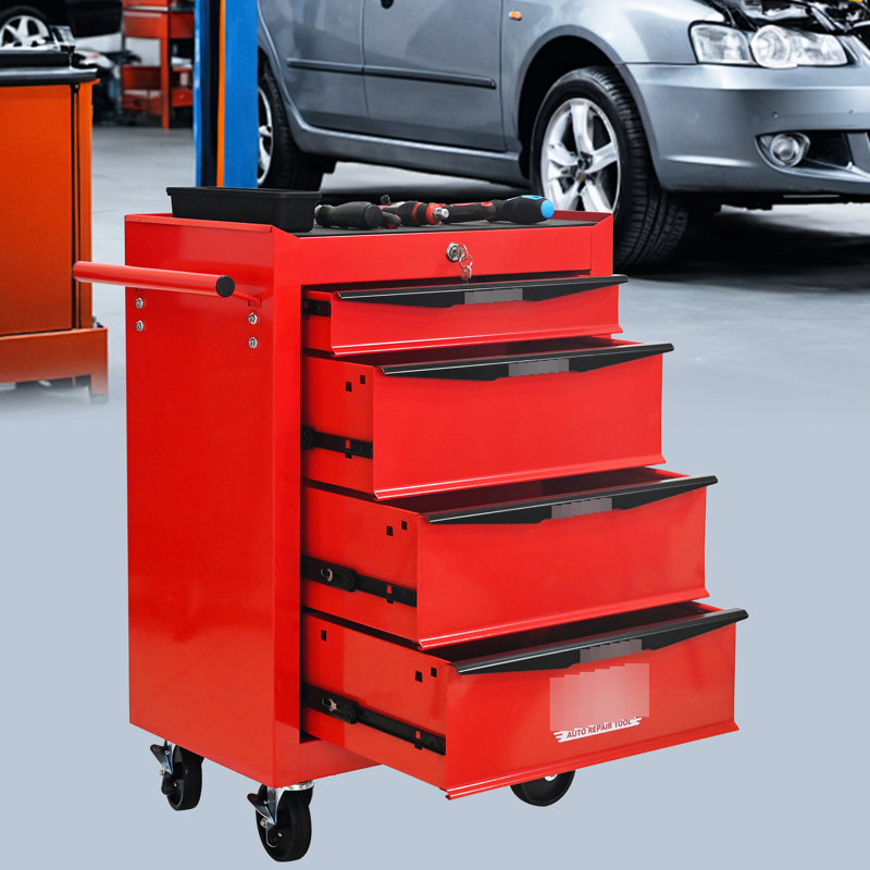 4 - Drawer Tool Chest Organizer, Rolling Trolley With Bearing Slides, Red & Black, Additional Storage For Frequent Tools Steel Chest, Cabinet Universal Wheels Locking Mechanisms