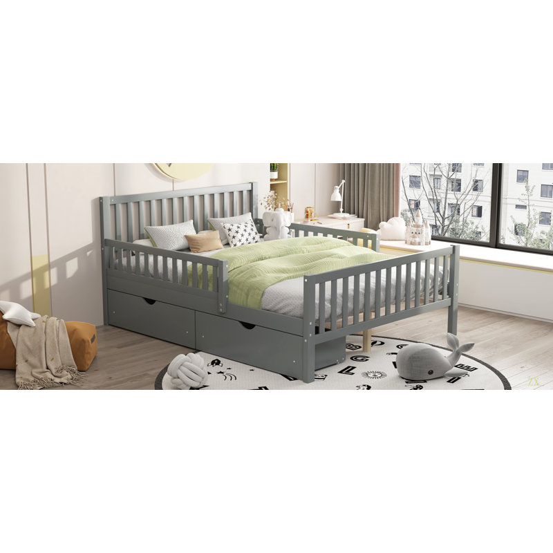 Lit plateforme double en bois avec garde-corps des deux côtés et deux tiroirs de rangement, Gris