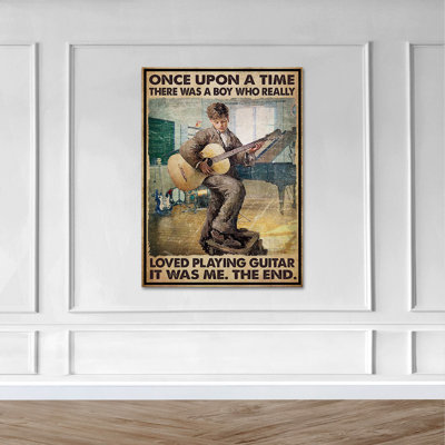Garçon jouant de la guitare en classe - Il était une fois il y avait un garçon… Toile tendue avec châssis - Illustration musicale, décor de salon brun et blanc