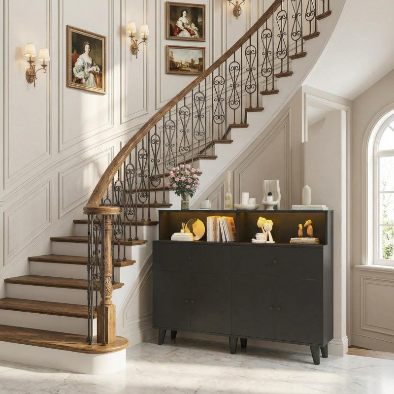 Armoire de rangement moderne à 6 tiroirs avec éclairage DEL et station de charge - tablettes ouvertes réglables, commode à tiroirs multiples pour la chambre à coucher, le salon, la cuisine ou le vestibule - Panneau de fibres à densité moyenne durable