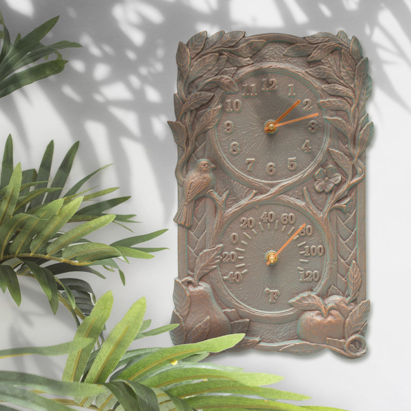 Fruit & Bird Clock Themometer Wall Clock, Verdigris