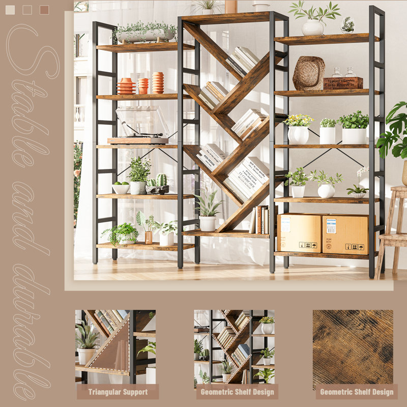 70.9"W x 70"H Etagere Bookcase, 5 Tier Bookshelf with 17 Open Display Shelves Modern Tree Book Shelf, Rustic Brown/Black