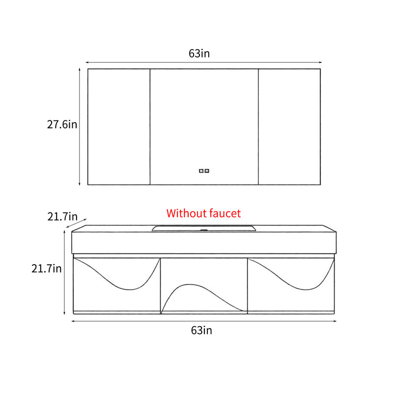 Meuble de salle de bain moderne, simple et lumineux de luxe, 21.7 "H x63"W x 21.7"D, Noir