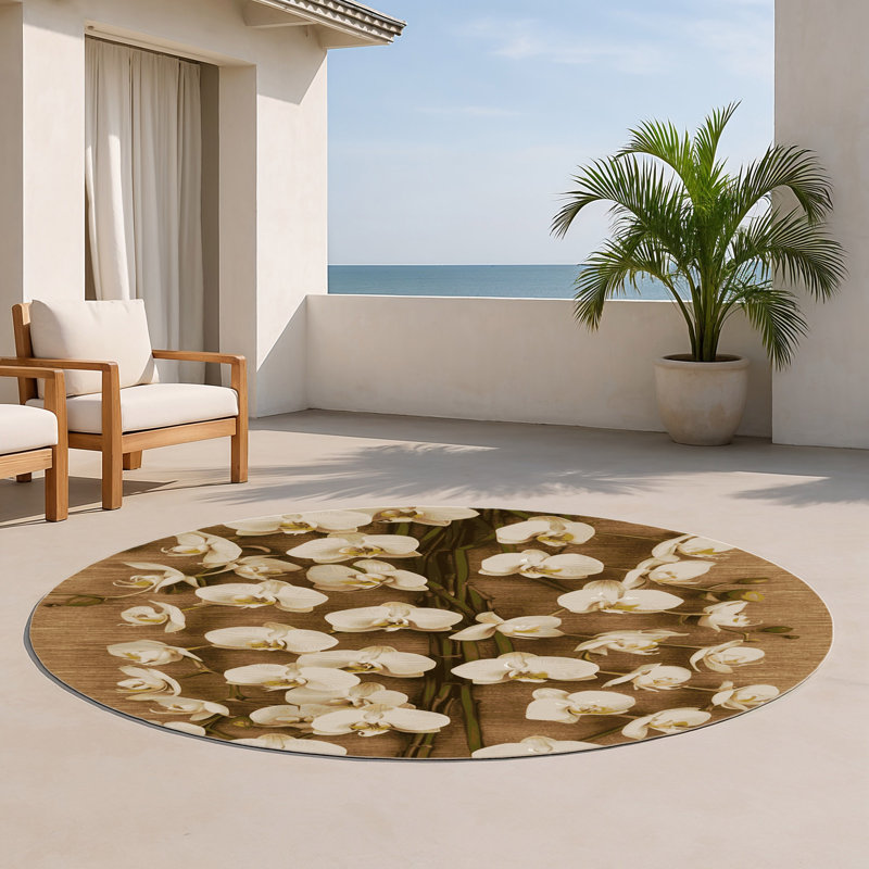 Tapis d'intérieur et d'extérieur brun Botanical, Rond 5 pi