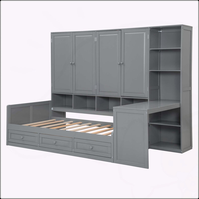 Versatile Wooden Daybed with Integrated Storage and Workspace for All Ages, Twin, Grey