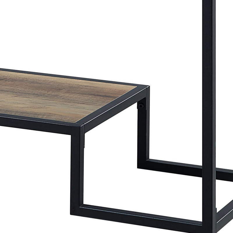 Table à cadre rustique en métal avec 2 espaces de rangement et tablettes noires et en chêne