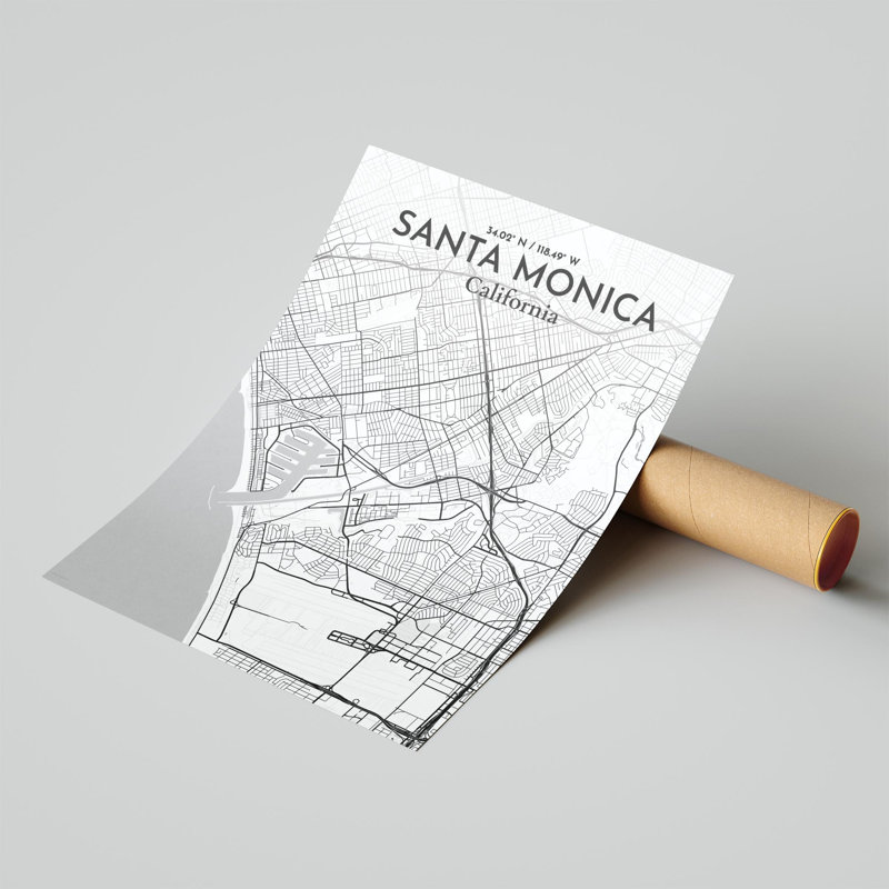 Santa Monica, carte de la ville, impression, Gris / blanc, H 24 po x l 18 po