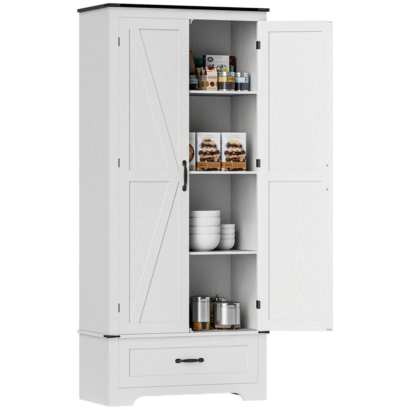 Armoire de cuisine de style campagnard de 72 po de hauteur - Armoire de rangement de cuisine avec tablettes réglables et 2 portes de grange et tiroir, unité de rangement polyvalente pour la salle à manger, bois