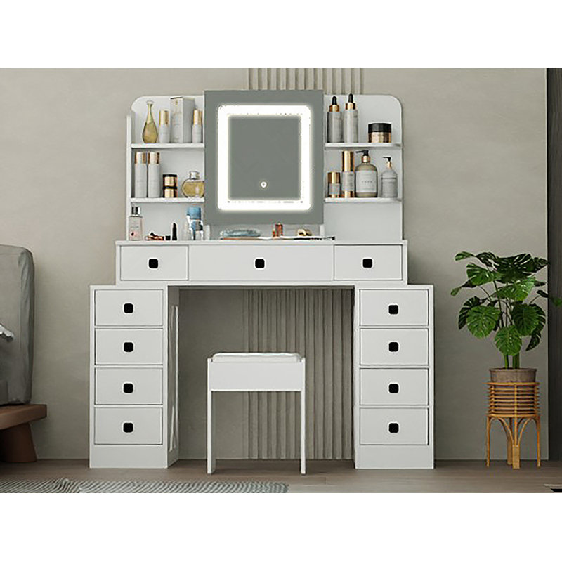 Farmhouse Vanity Desk With Sliding Mirror,Lights And Charging Station,Makeup Table Desk With Dimmable LED Light