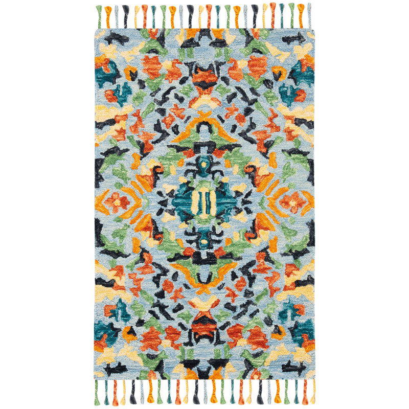 Jahiem Hand-Knotted Wool Blue Area Rug, Rectangle 4' x 6'