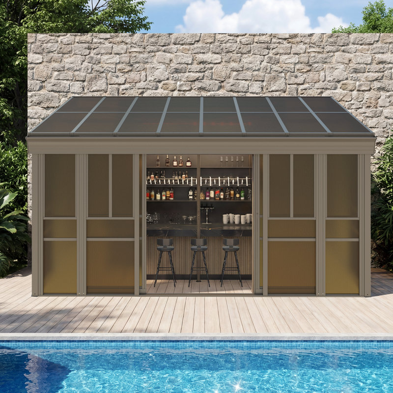 16 ft. W x 10 ft. D Outdoor Wall Mounted Sunroom Gazebo – All-Season Aluminum Solarium with Ventilated PC Double Roof, Sliding Doors, and Adjustable Screen Windows for Patio, Deck & Hot Tub, Brown