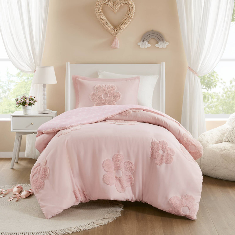 Ensemble de literie en chenille floral touffeté, rose, réversible, taille simple