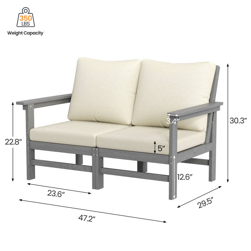 Outdoor 47" HDPE Modular Modern Loveseat With 5" Thick Cushions & Natural Wood Texture, Beige, Gray