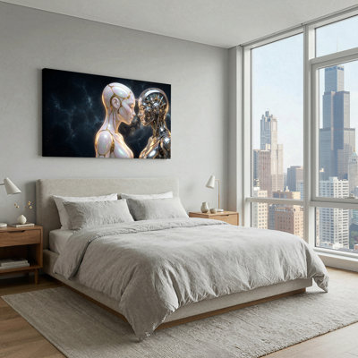Silver and White Robots in Starry Space Canvas Wall Art 47 x 24 x 1.5 Inch