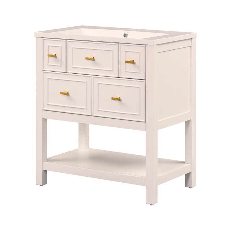 30'' Bathroom Vanity with Resin Sink Combo, Free Standing Single Vanity Set with 5 Drawers, White