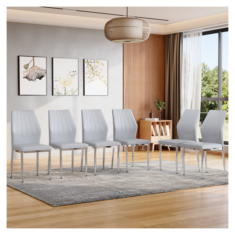 Ensemble de 6 chaises de salle à manger ergonomiques gris clair et argentées - Cuir synthétique d'une hauteur de 37 pouces avec structure en métal et sièges de cuisine modernes