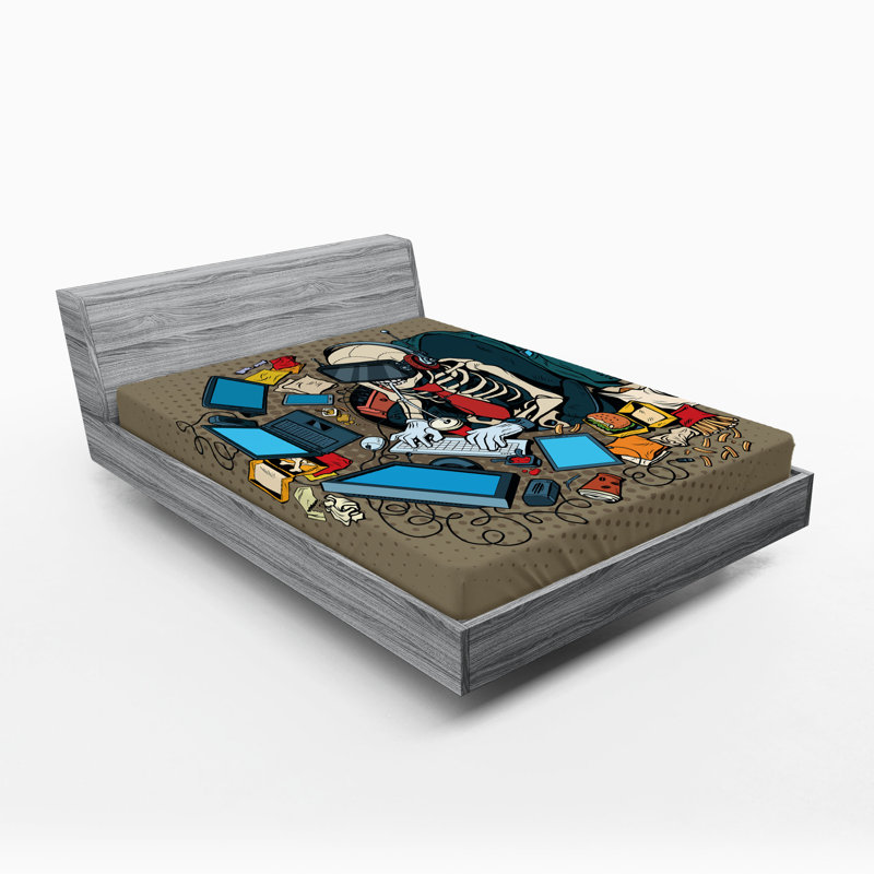 Ambesonne Gamer Fitted Sheet 2-Pack Skeleton in Virtual Reality Multicolor, Queen Fitted Sheet