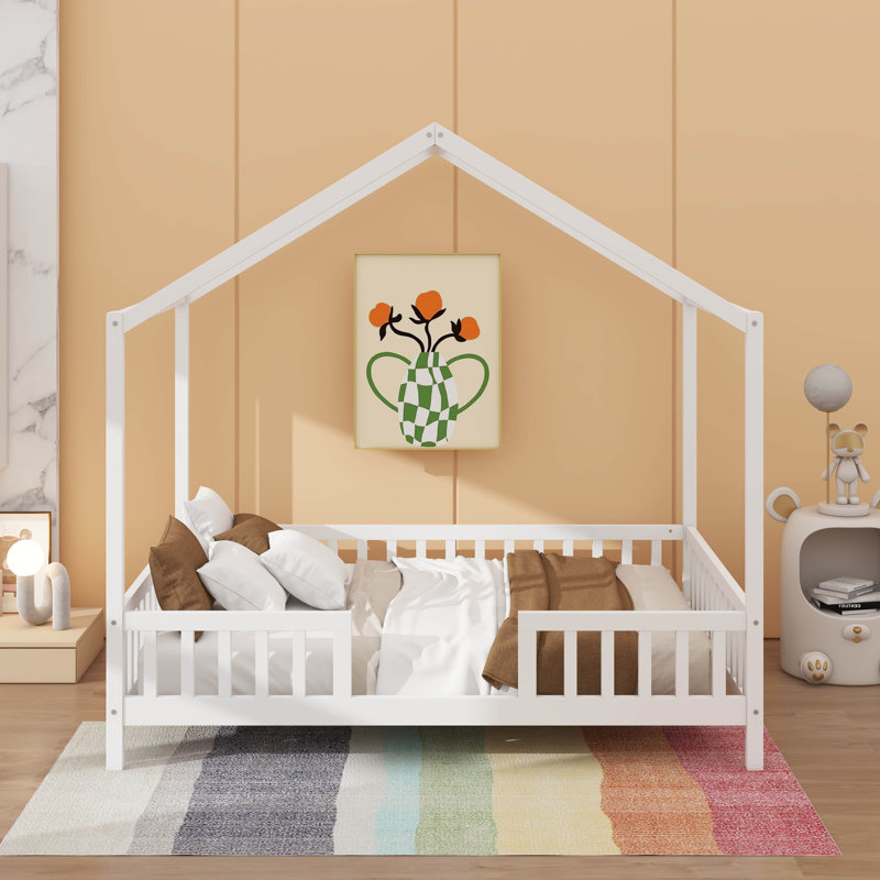 Full Bed Frame For Kids, House Shape Toddler Bed Frame With High Railings, White