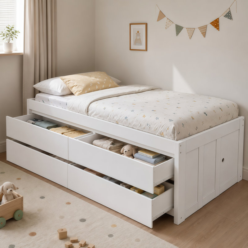 Lit capitaine simple avec 4 tiroirs de rangement, porte de rangement latérale, cadre de lit plateforme en bois, sans sommier, blanc