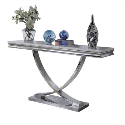 Elegant Sofa Table with Faux Marble Top and Silver Finish Pedestal Base practical for Living Room