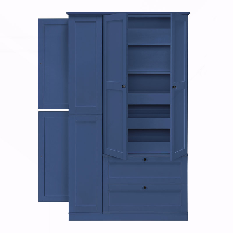 Grand garde-manger de style campagnard avec 8 tablettes, 2 tiroirs, 3 plateaux coulissants, 4 portes et armoires latérales pour la cuisine et la salle à manger