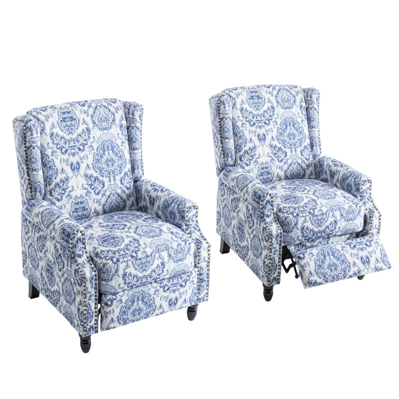 Ameiah 74 cm W Upholstered Wing Back Manual Push Back Recliner with Naihead Trims, Navy Polyester