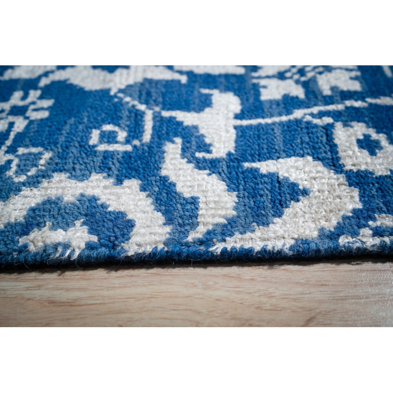 Hand-Knotted Blue Wool Traditional Floral Oushak Area Rug