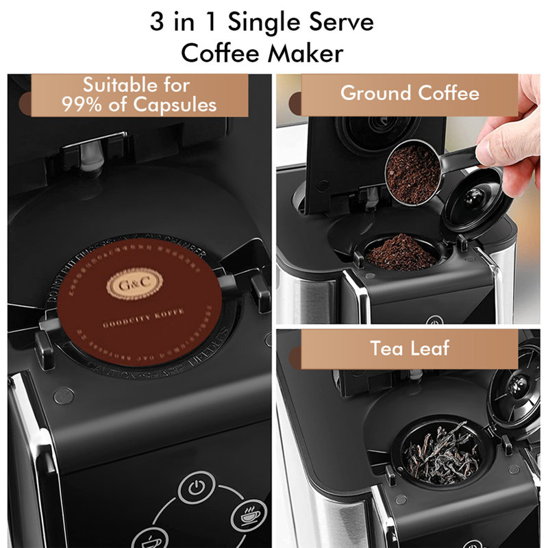 3-In-1 Single Serve Coffee Maker, Compatible With K-Pod Capsules & Grounds, Tea Maker, 6-10Oz Brew Sizes, 50Oz Removable Reservoir, Fast Brew, Compact Design, 120V 1150W