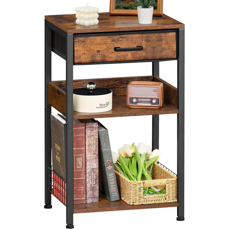Table d'appoint à 3 niveaux en bois industriel avec rangement, grand support pour imprimante moderne, table de chevet brune rétro, tables de chevet rustiques pour petits espaces de salon