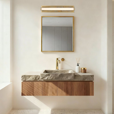 Meuble-lavabo à DEL intégré Yep par Stratum en laiton brossé champagne avec ardoise Moon Rock