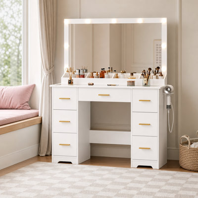 Meuble-lavabo moderne à 43 tiroirs l 43,7 po avec grand miroir lumineux à DEL et prise de courant pour la chambre à coucher