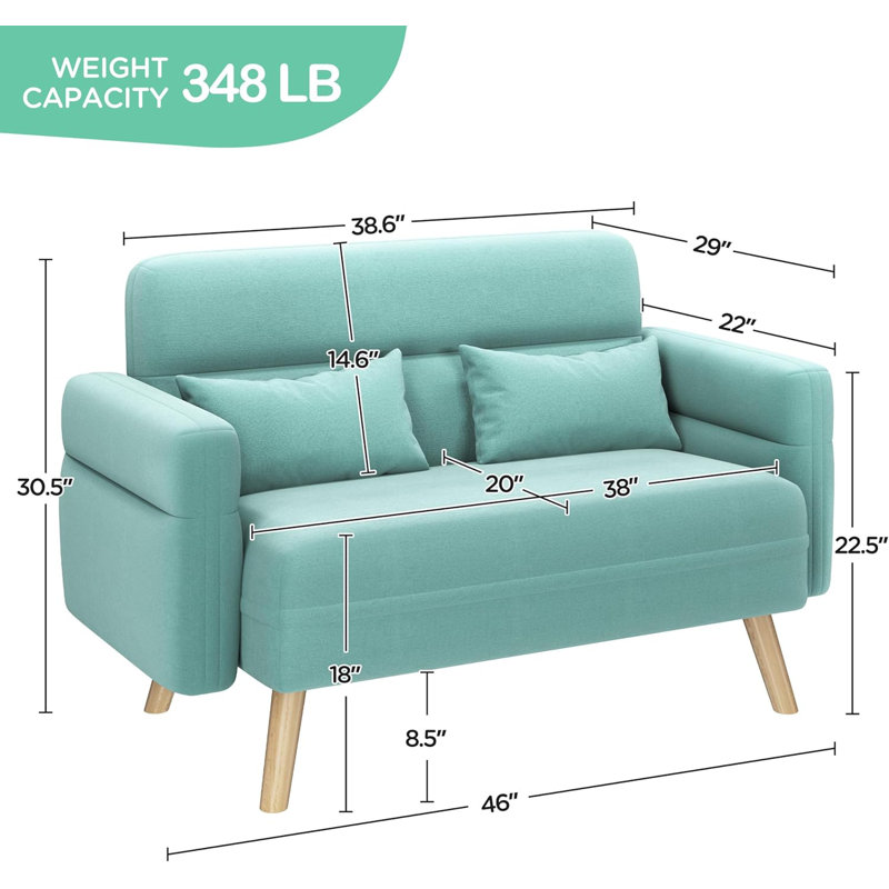 Petit canapé-lit moderne en tissu 46 po avec coussins lombaires 46 po, Aquamarine
