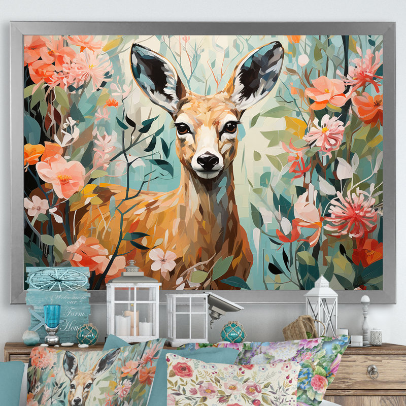 Fleurs de cerf roses et vertes - Art mural animal cerf, Cadre de coin fermé argenté, H 12 po x l 20 po x P 1 po