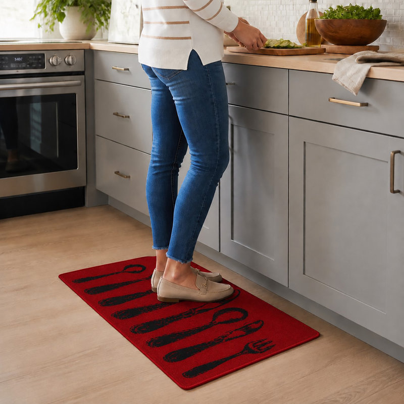 Luxurious Comfort Chef Kitchen Mat, Cutlery Design, Low-Profile, Universal Fit, Rectangle 1'8'' x 2'8", Red