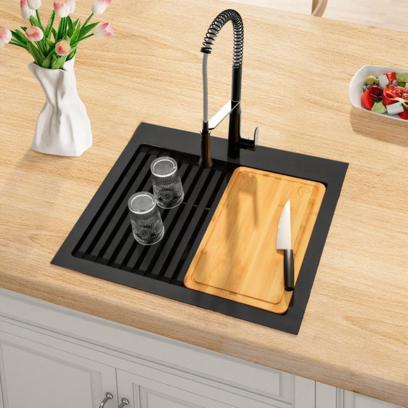 25-Inch Workstation 16 Gauge 304 Stainless Steel Drop-In Top Mount Kitchen Sink Single Bowl With Accessories, Black