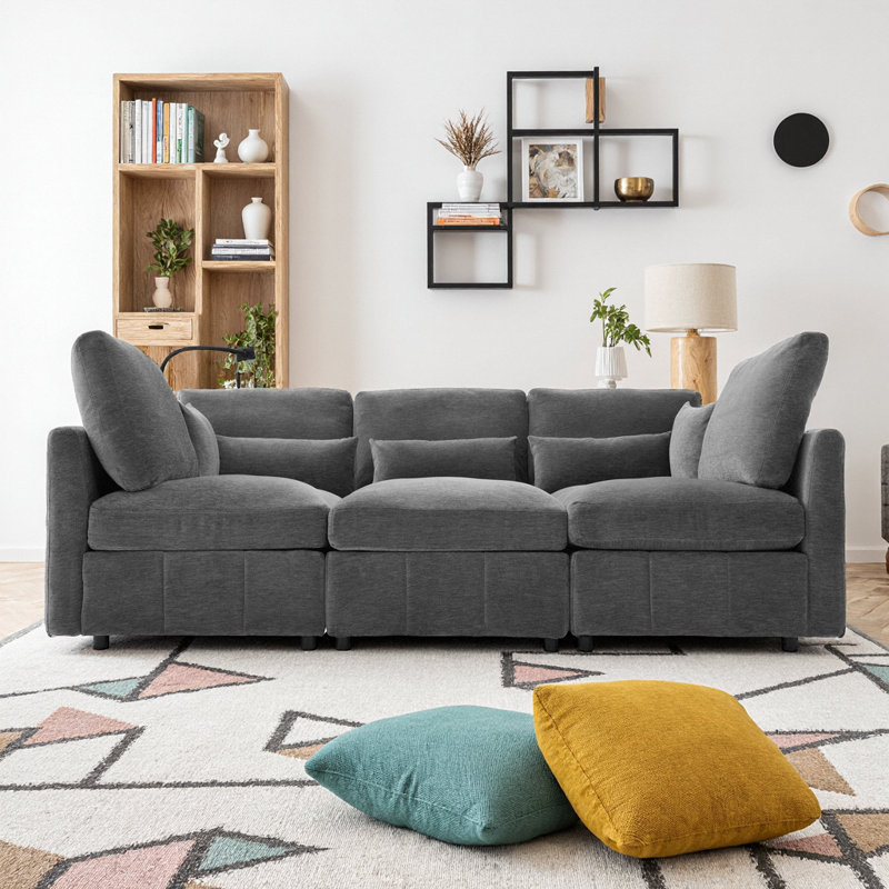 Black Chenille Modular Sectional Sofa with Movable Ottoman & USB Charger, Grey