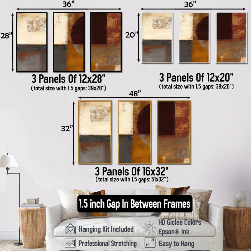 " Chocolate Brown Elementary V " 3 - Pieces, 20" H x 36" W x 1" D, Gold Framed Canvas