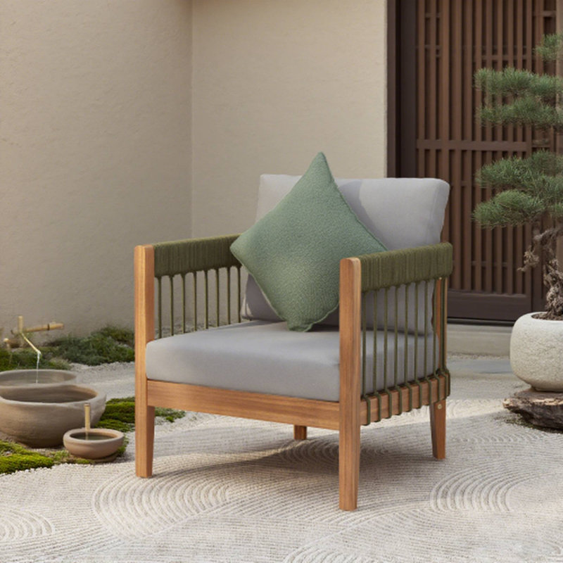 Outdoor Acacia Club Chair - Handwoven Rope, Curved Back, Water-Resistant Cushions, Green/Gray