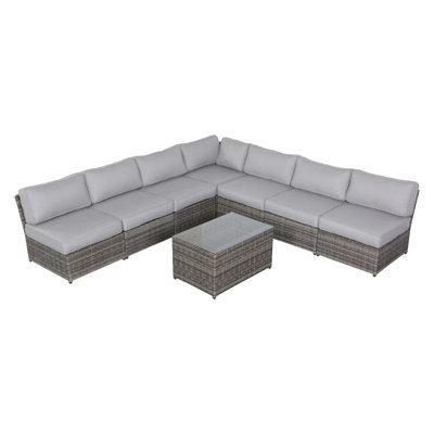 Sièges de patio pour 6 personnes, canapé modulaire et table basse de 8 pièces, conception confortable, coussins d'eau entièrement assemblés pour 6 personnes, structure en aluminium avec coussins de siège de 5 po, lavable à la machine