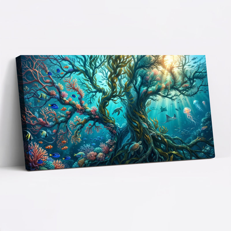 Ensemble de 1 tableau sur toile tendue représentant une forêt de récifs coralliens sous-marins, H 20 po x l 40 po