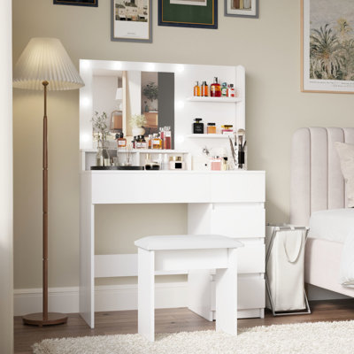 Bedroom Dressing Table With Mirror & , 3 Lighting Modes, Deep Drawers, White Makeup Adjustable Brightness, 4 Spacious Storage,